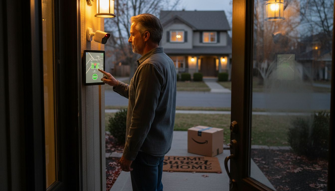 Homeowner interacting with home security panel