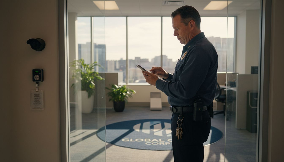 Security guard monitors entrance surveillance system