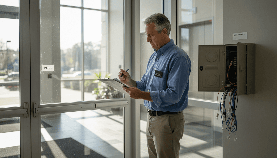 Security consultant conducting site survey in office