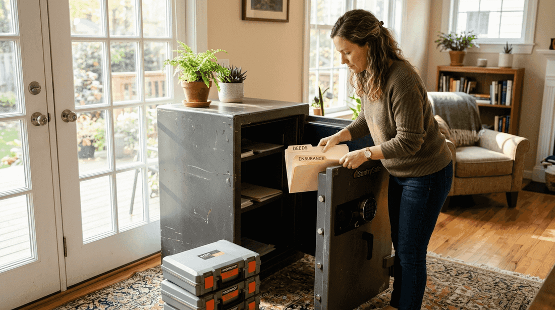 Homeowner placing documents in secure storage safe