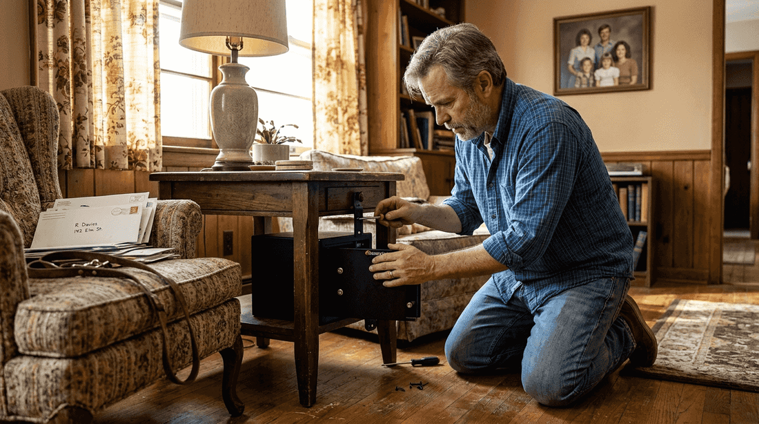 Man securing safe in lived-in living room