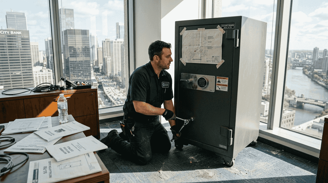 Security consultant bolting reinforced safe in office
