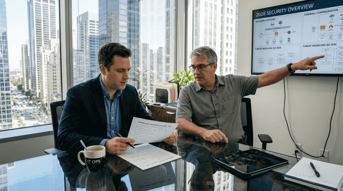 Managers reviewing security protocol checklist in office