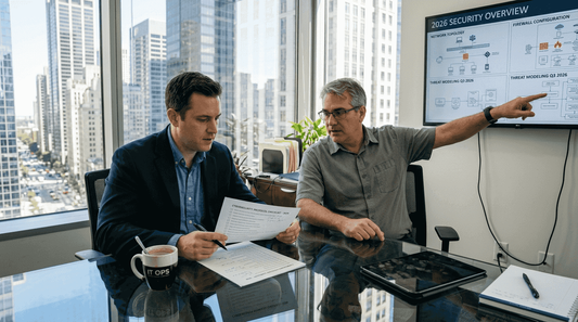 Managers reviewing security protocol checklist in office