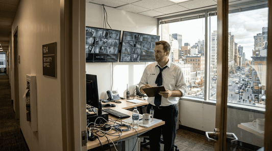 Security manager monitors office surveillance footage