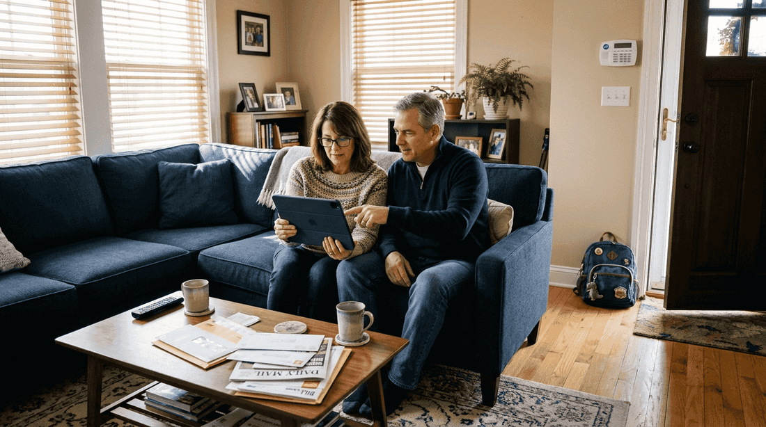 Couple discussing home security system in living room