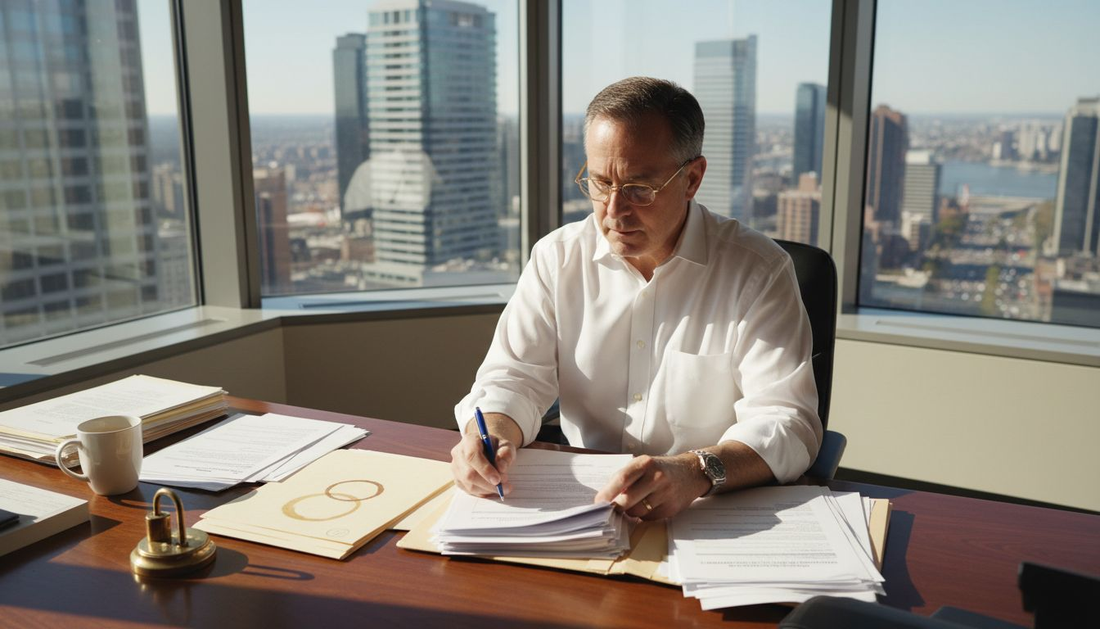 Man reviewing asset protection documents in office