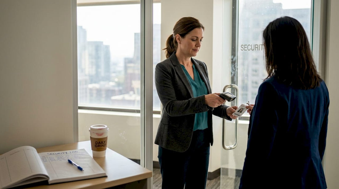 Office manager checks badge at secure entrance