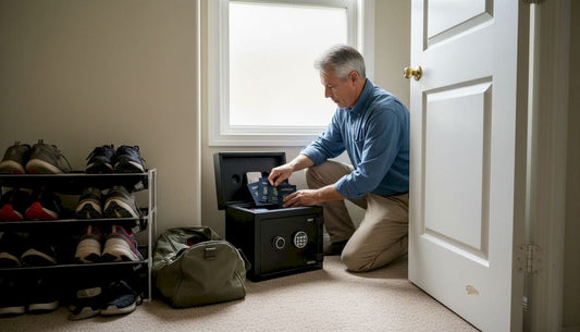 Man placing valuables inside home fire-resistant safe