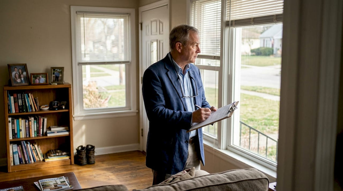 Security consultant evaluating home living room