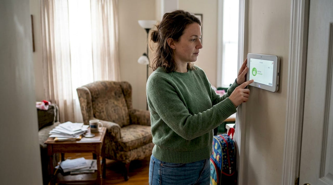 Woman adjusts home security control panel in hallway