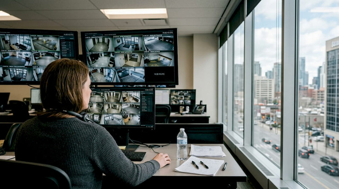 Security operator monitoring multiple camera feeds