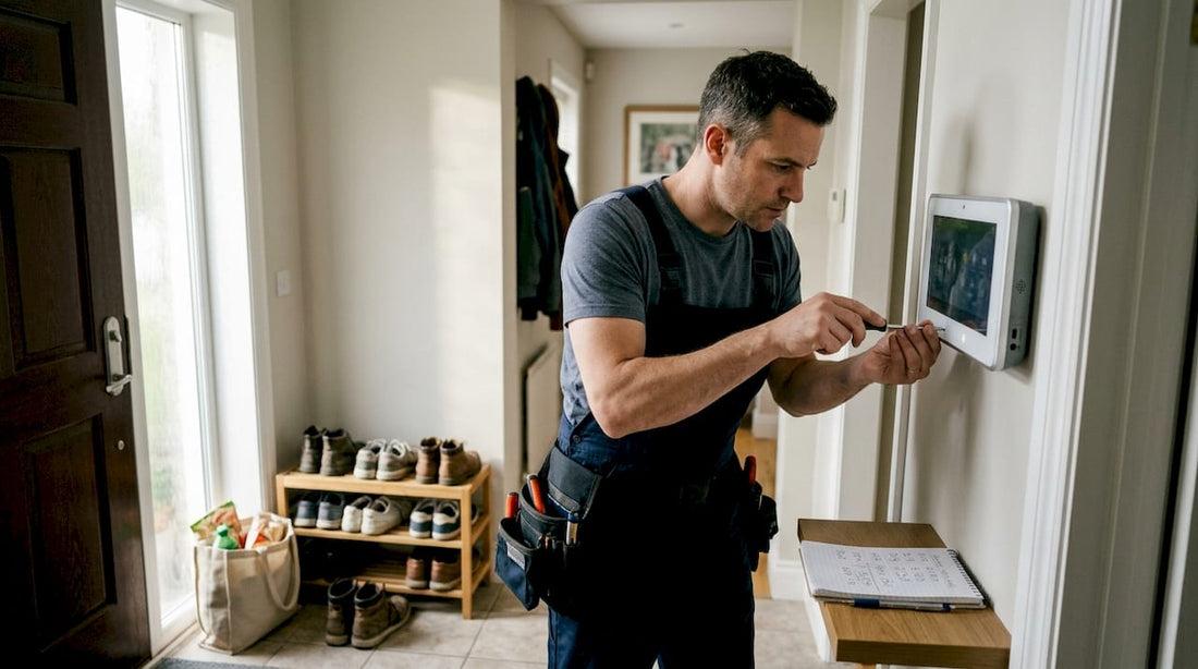Technician installs home security system panel
