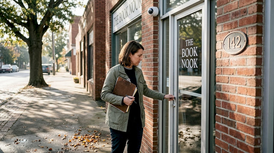 Manager inspecting storefront security features