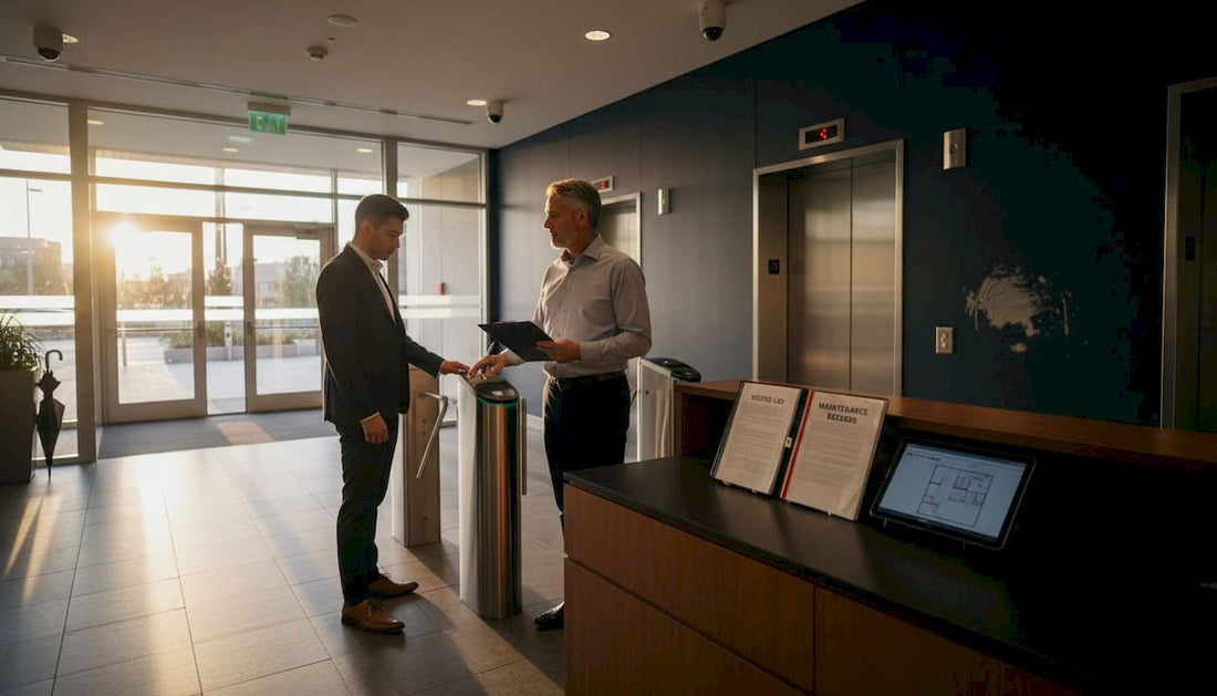 Manager overseeing lobby security layers in action