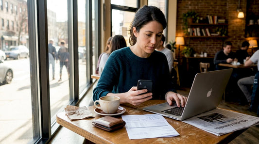 Woman logging into account with laptop and phone