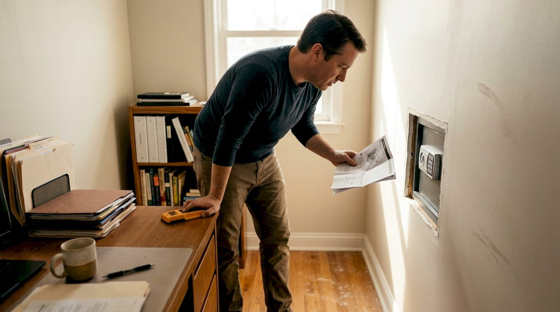Homeowner installing wall safe in office