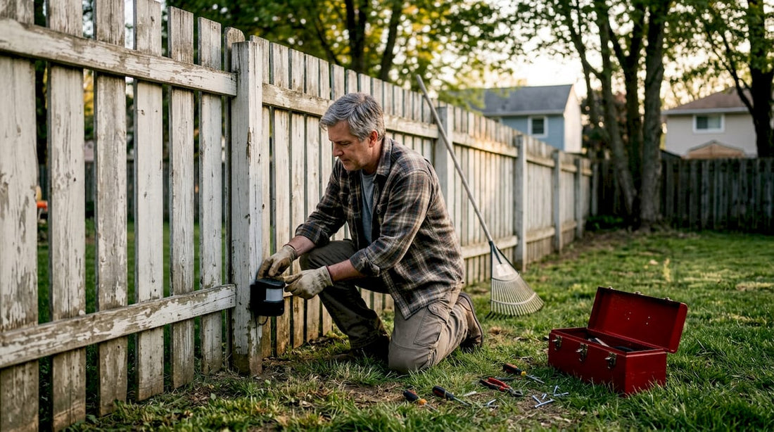 Homeowner installing motion sensor on backyard fence