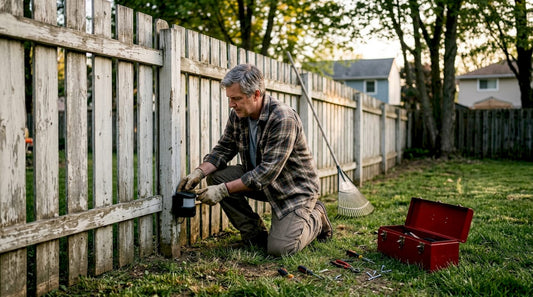Homeowner installing motion sensor on backyard fence