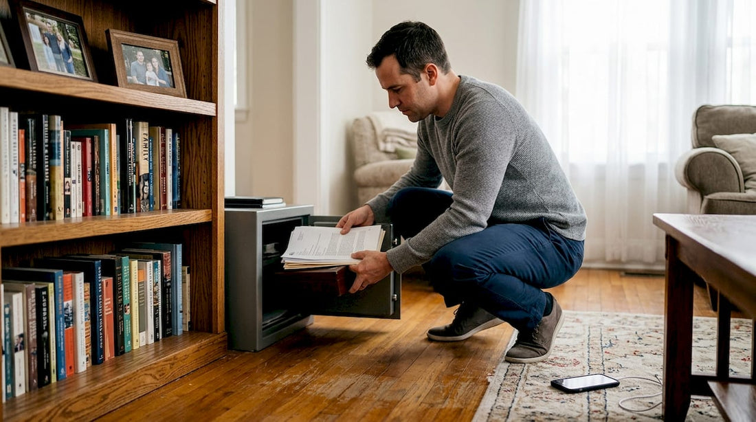 Man placing documents in home safe
