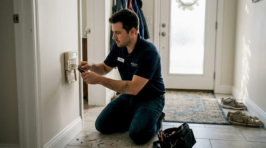 Technician installing home alarm keypad in hallway