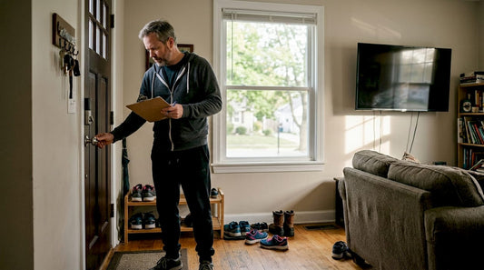 Homeowner assessing living room security features