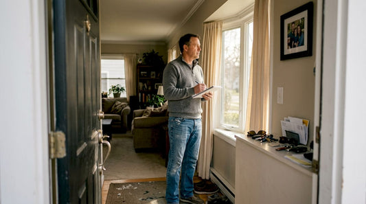 Homeowner inspecting living room for vulnerabilities