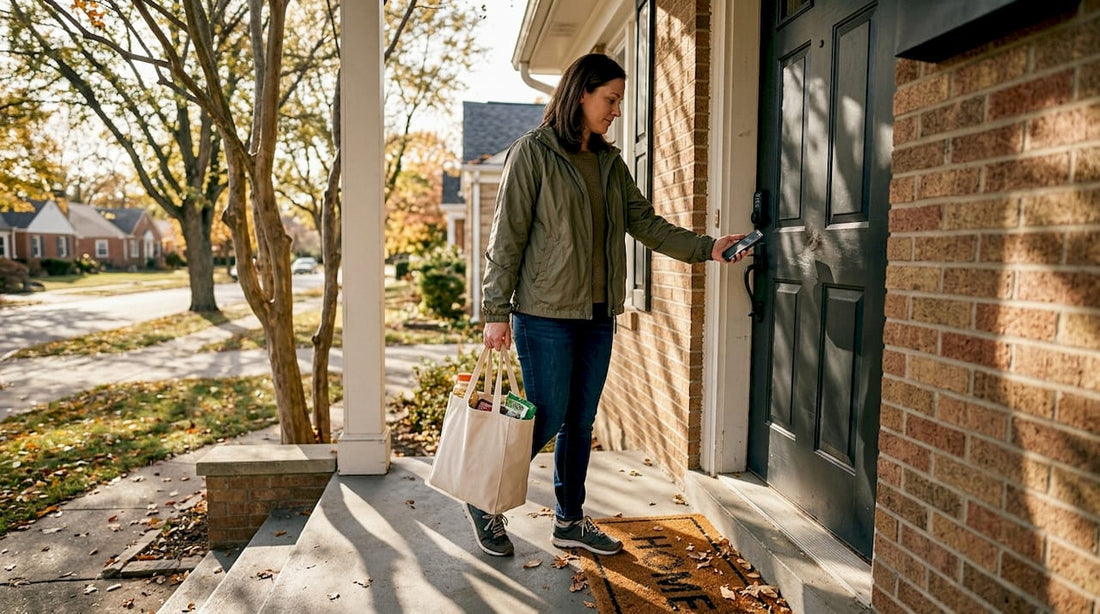 Woman unlocking smart lock at home entrance