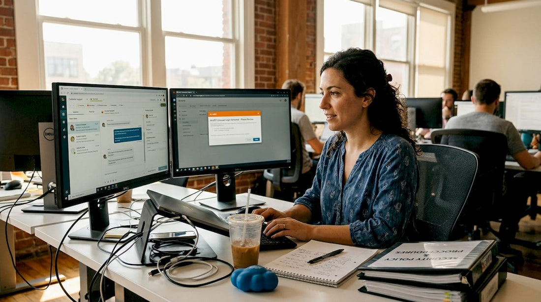 Support agent multitasking with security alert visible