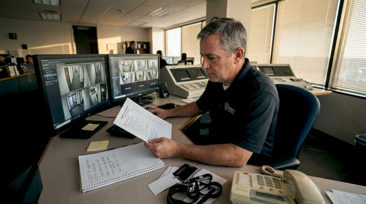 Security manager reviewing audit checklist at desk