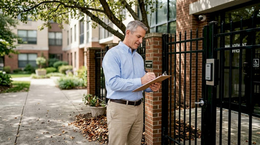 Property manager inspects gated security entrance