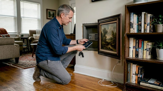 Homeowner storing valuables in wall safe behind picture