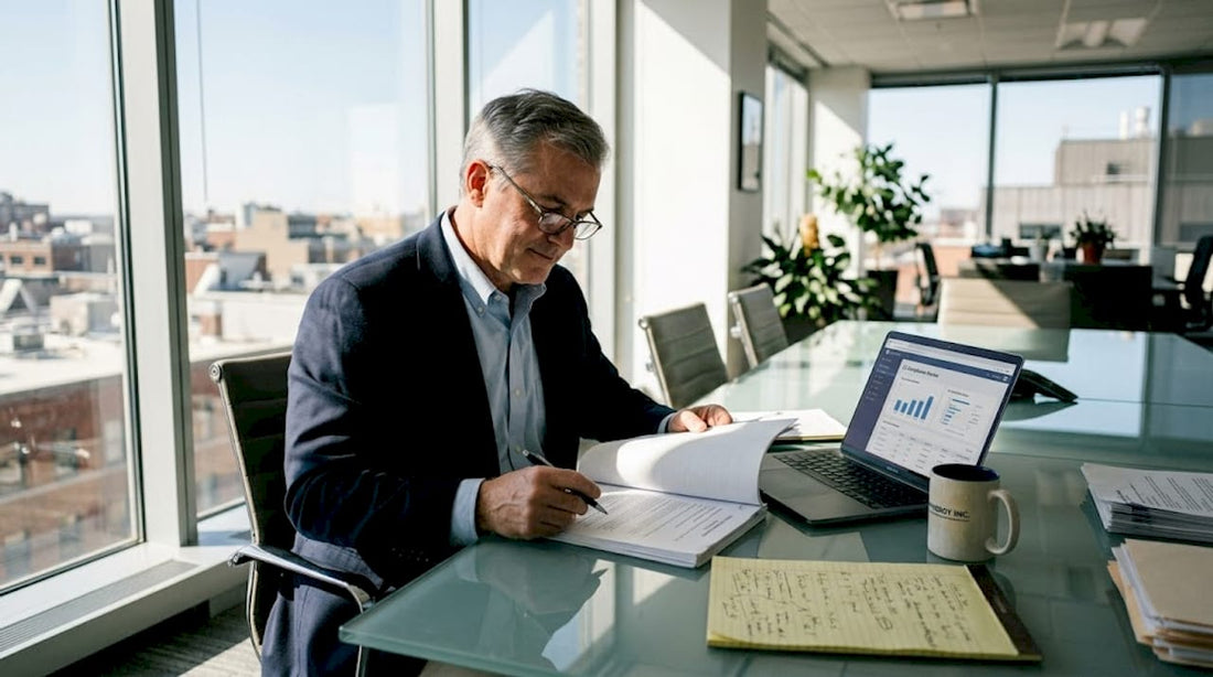 Business leader in office reviewing compliance