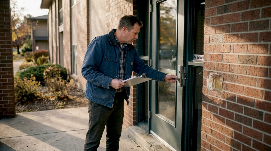 Property owner checks entry door for security