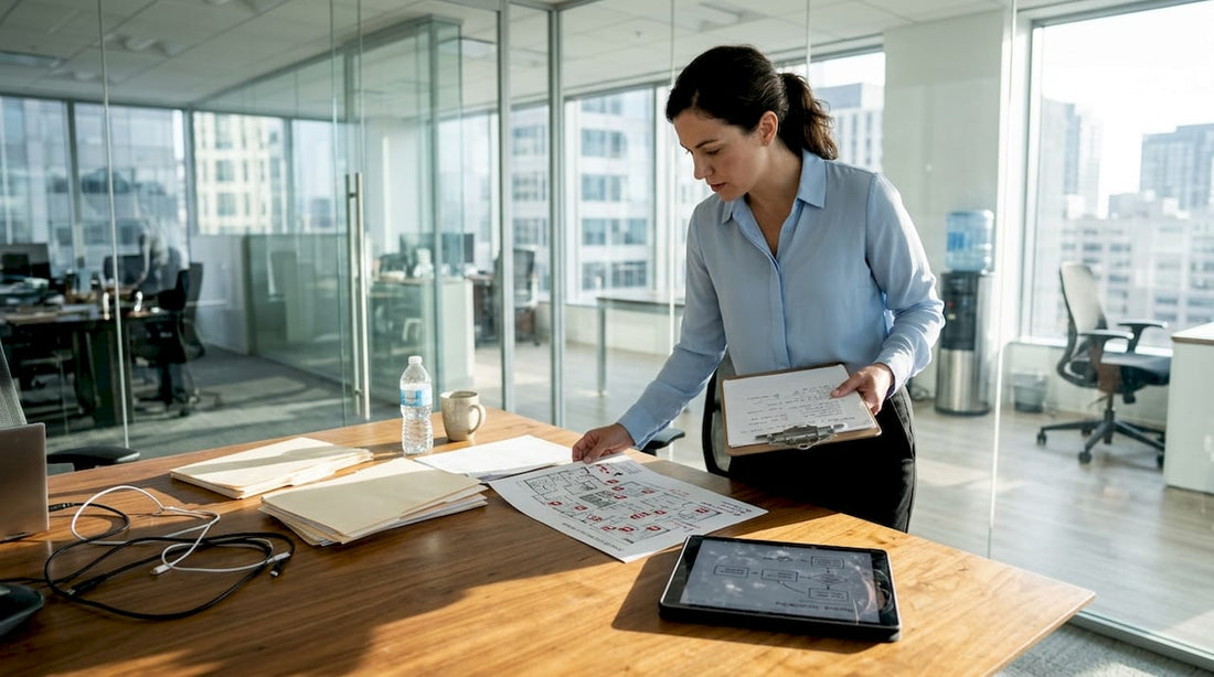 Security manager reviews office surveillance workflow map