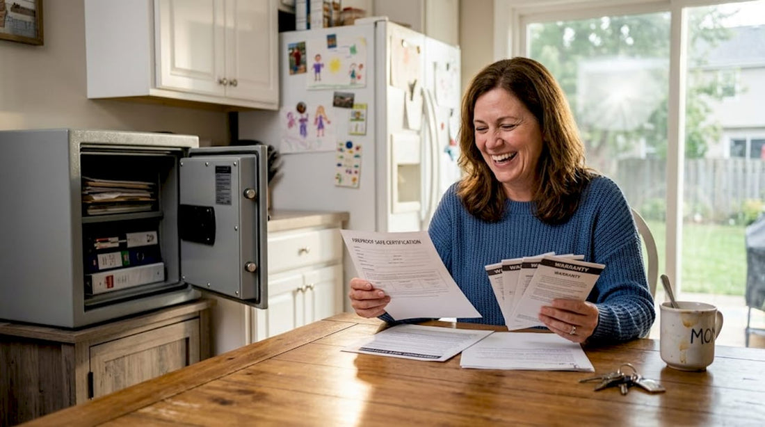 Homeowner reviews safe certification at kitchen table