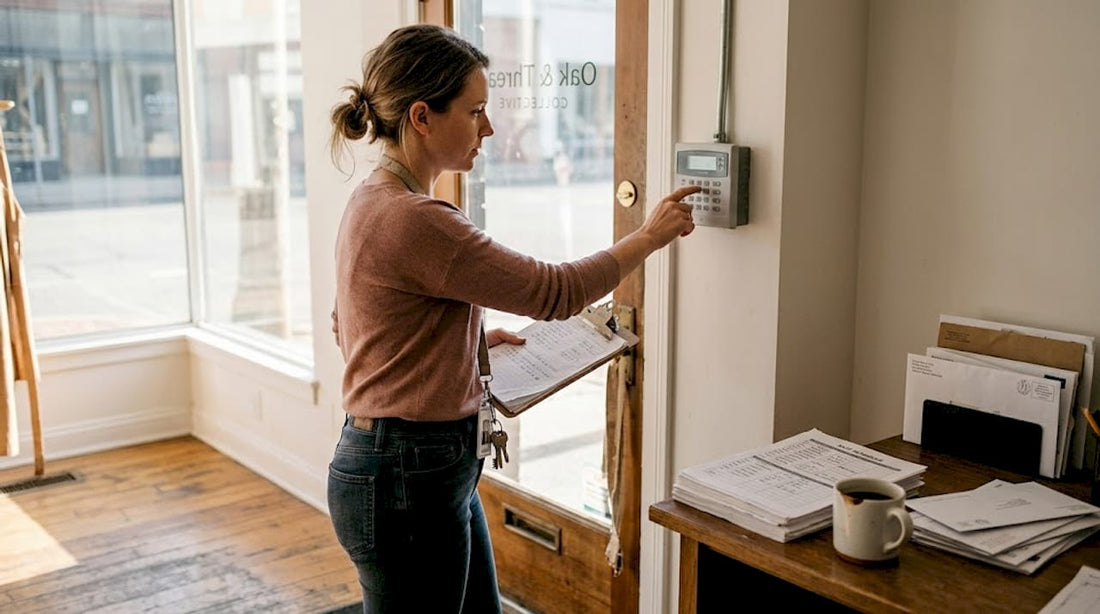 Manager checking security panel in retail office