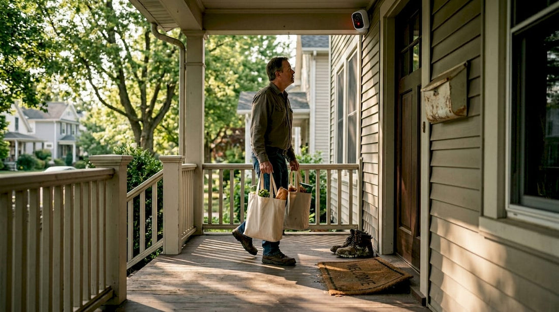 Homeowner checking front porch security camera