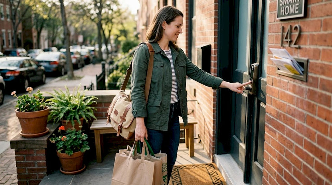 Woman unlocking home with fingerprint smart lock