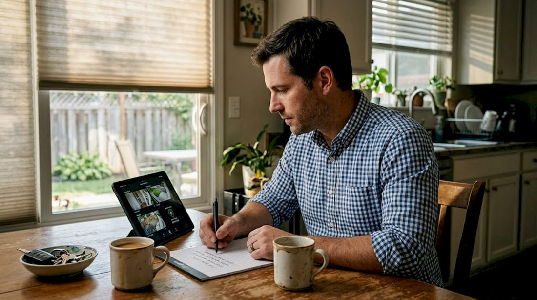 Man checking home security tablet at kitchen table