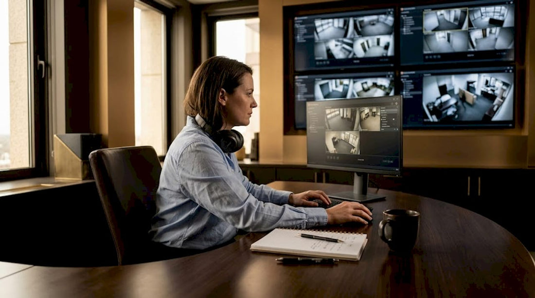 Security manager reviews camera feeds in office