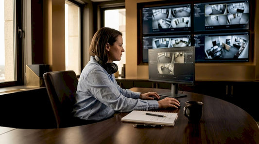 Security manager reviews camera feeds in office