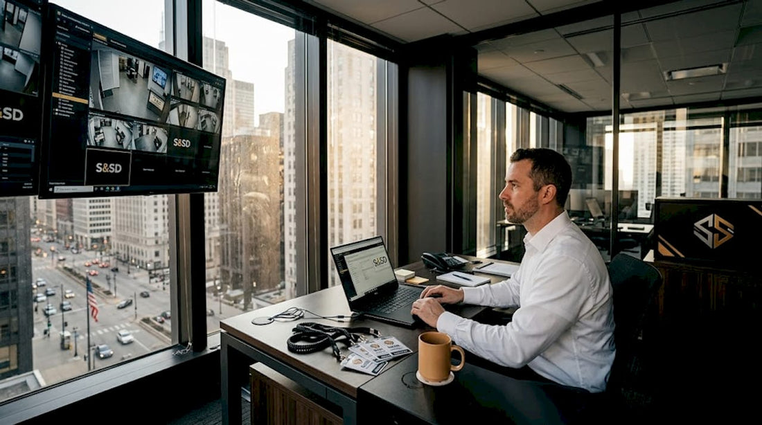 Office manager monitors business security camera feeds