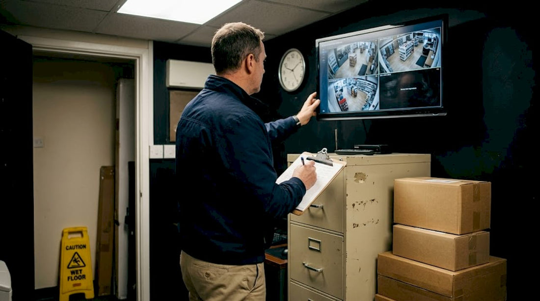 Manager reviews live CCTV feeds in office
