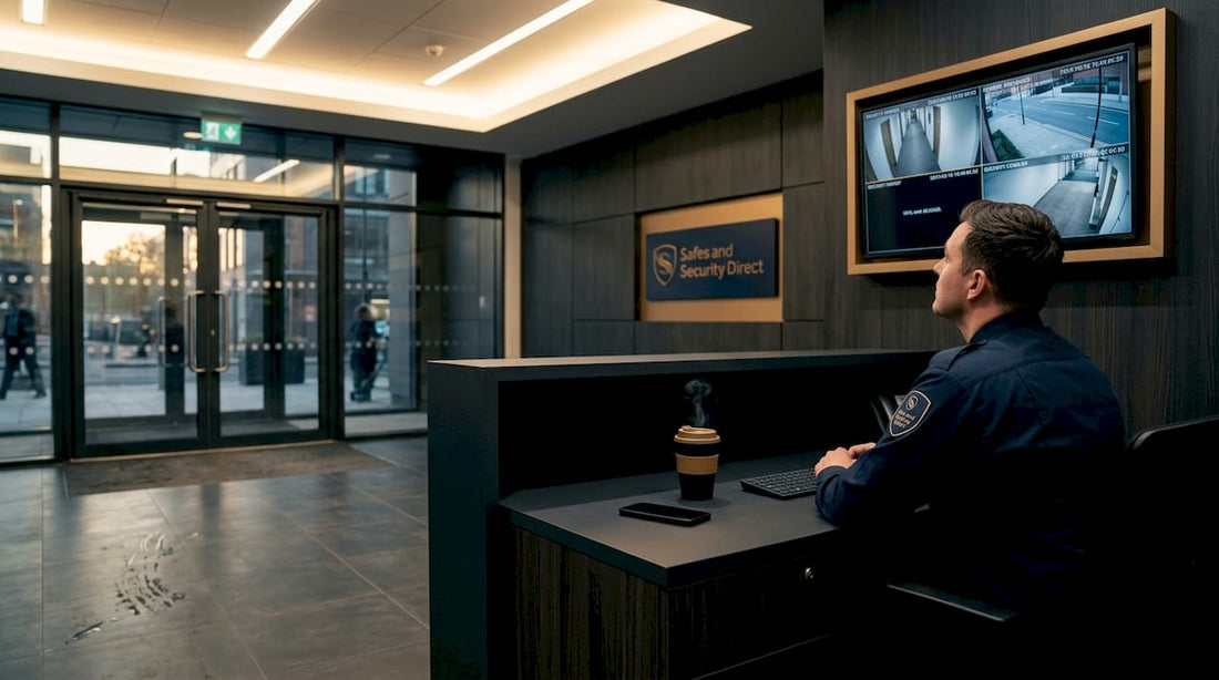 Security guard monitoring entryway on surveillance monitor