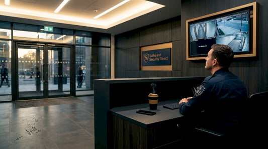 Security guard monitoring entryway on surveillance monitor