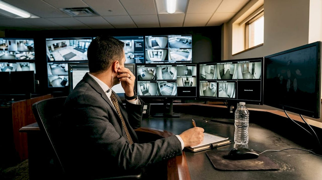 Security operator monitors surveillance feeds in control room