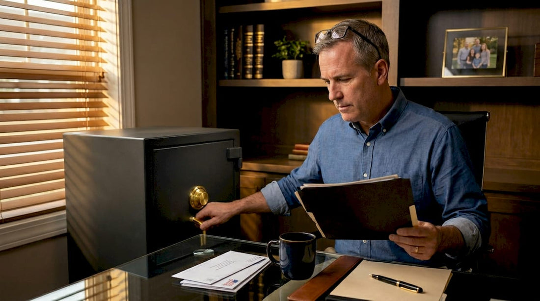 Man unlocking fireproof safe in home office