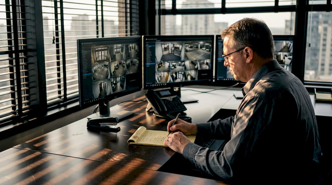 Security manager monitors surveillance feeds at desk