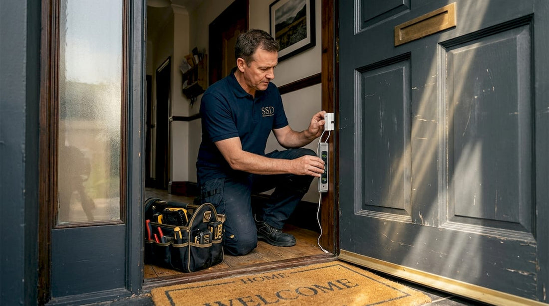 Man installing alarm sensor at home entryway
